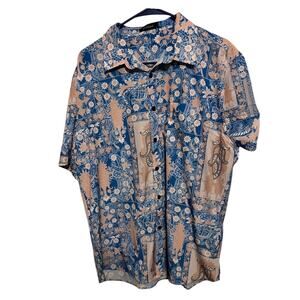 Mens Tropical Hawaiian Button Up Shirt Large Blue Beige Short Sleeve Vacation